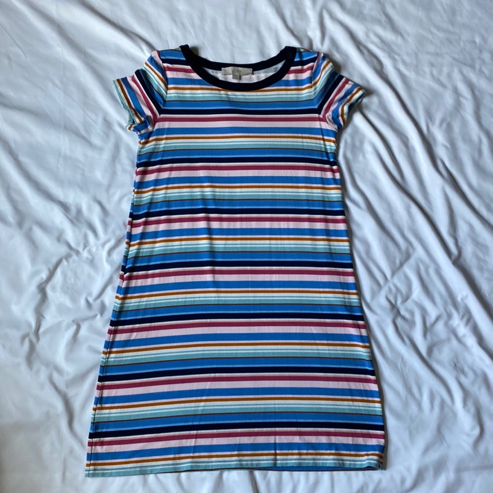 Loft Multi-striped short sleeve t-shirt dress.